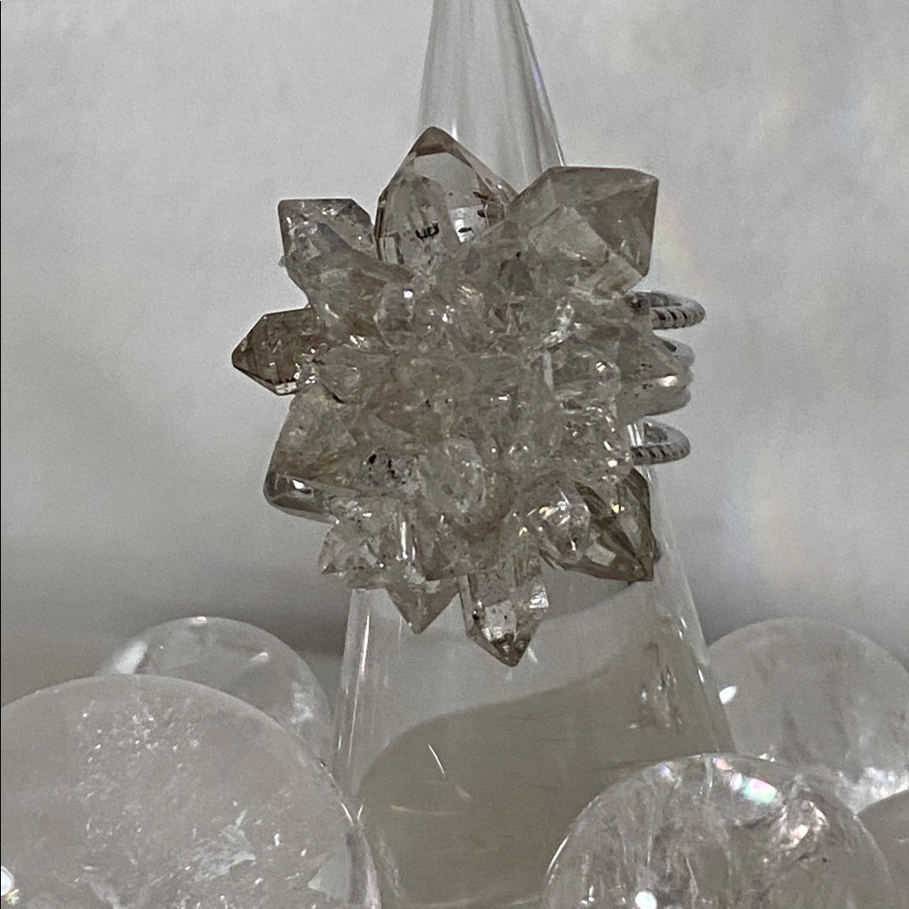 Herkimer Black & White Energy Healer Crystal Cluster Silver Statement Ring - Picture 3 of 5